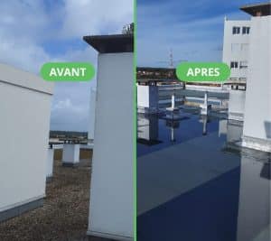 Avant / après de la réfection d'une toiture gravillonnée en toiture autoprotégée avec ajout d'isolant